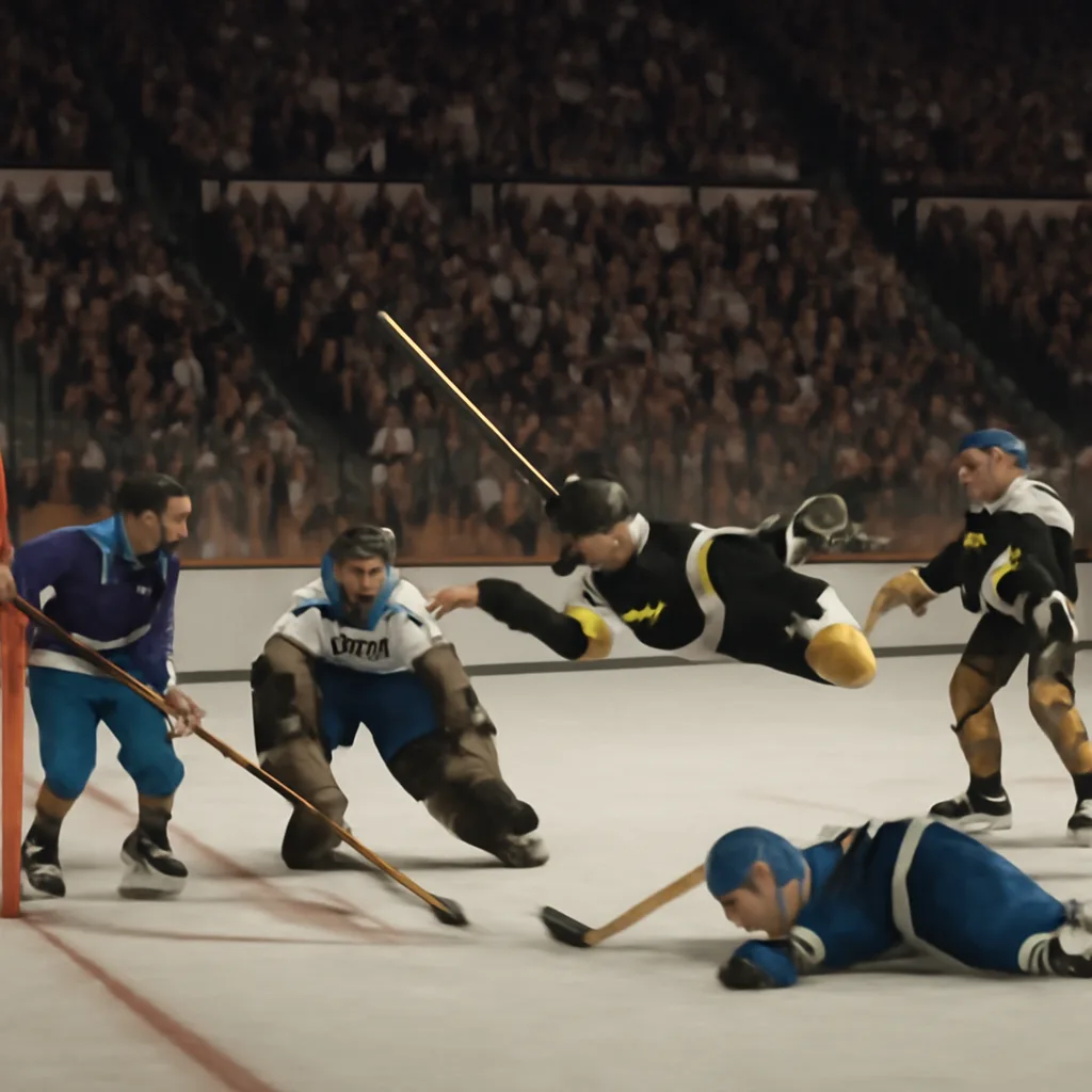 Bobby Orr airborne after being tripped as he scores the overtime, series-winning goal for the Boston Bruins against the St. Louis Blues on May 10, 1970; teammates and the hockey net are visible on the ice.