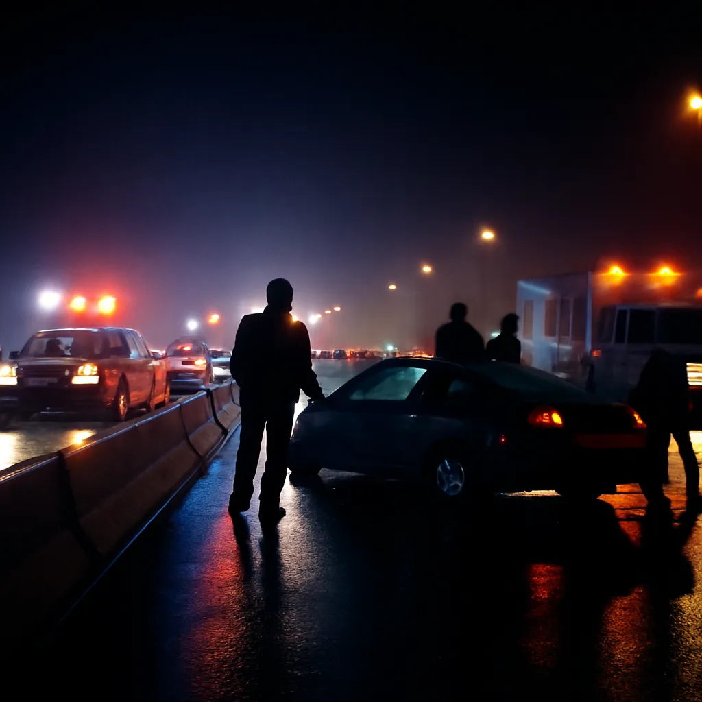 Nighttime highway scene near a concrete median with an overturned sports car and emergency vehicles with lights flashing; road signs indicate an interstate setting.
