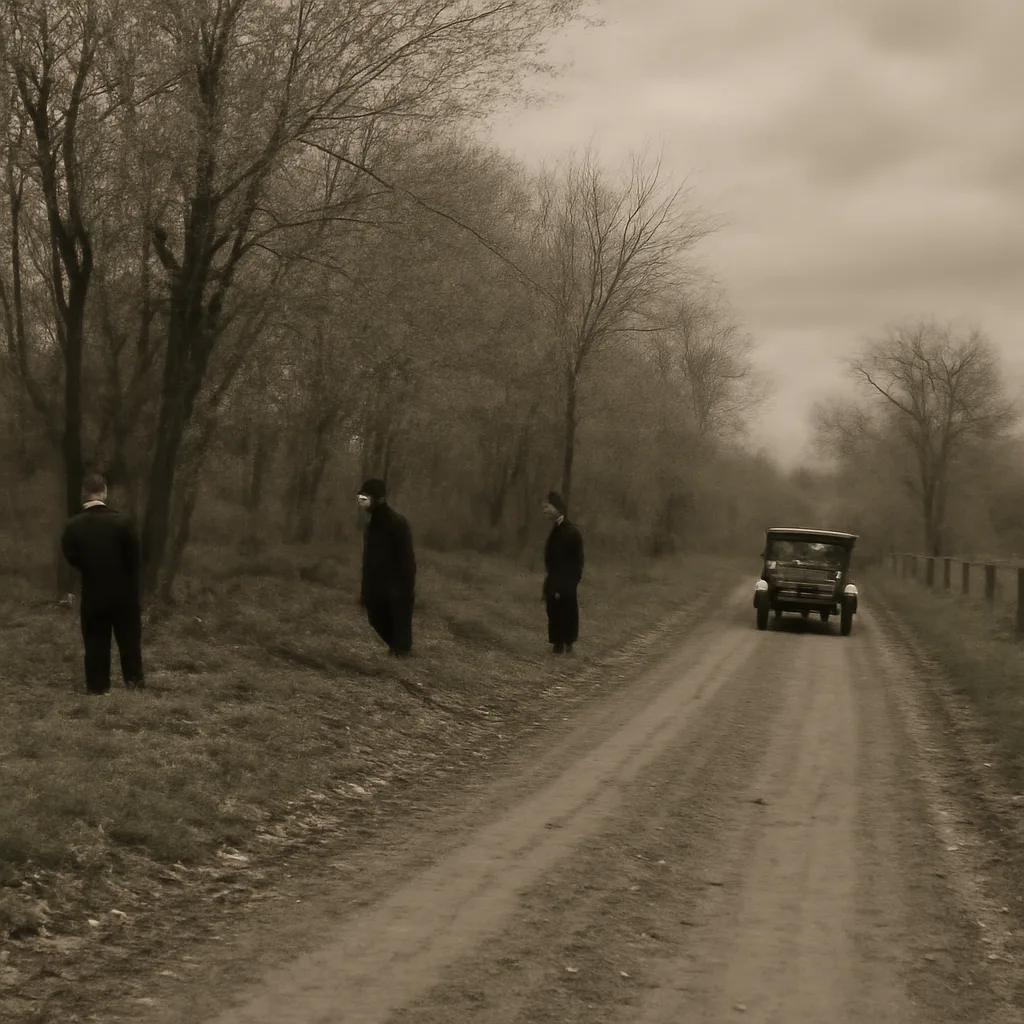 Rural roadside and wooded area in Hopewell Township, New Jersey, in early 1930s style; broken brush and a dirt shoulder where investigators searched for remains.