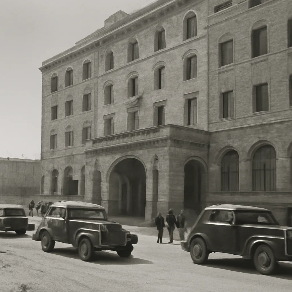 The King David Hotel exterior in Jerusalem in the 1940s, showing a large multi-story stone building with a porte-cochère and surrounding street; no visible people in close-up.