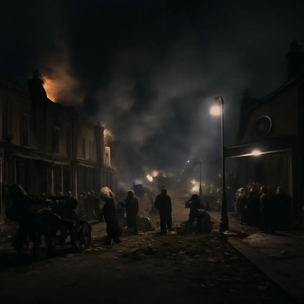 Wartime London street scene at night with damaged buildings and smouldering fires, rescue workers and civilians gathered near rubble and a row of covered shopfronts; blackout curtains and debris visible.