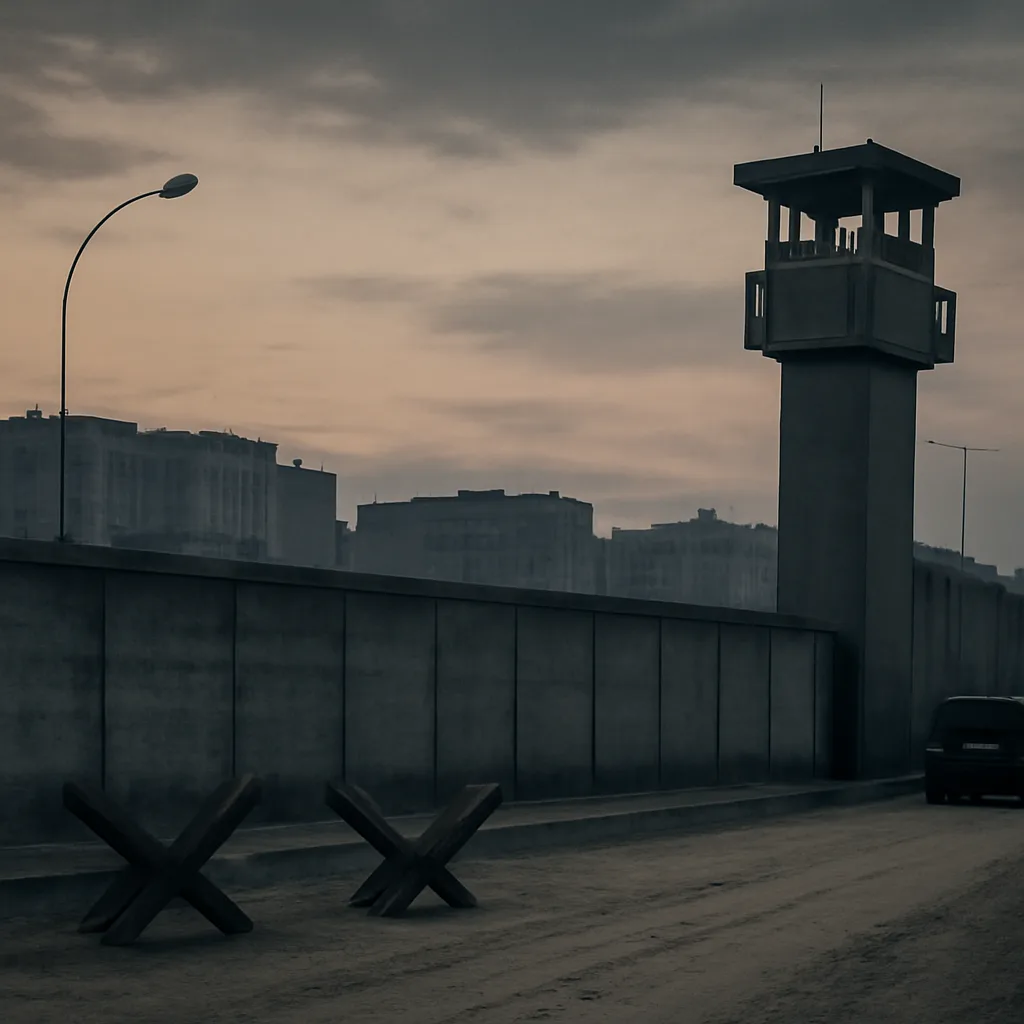 A stretch of the Berlin Wall in the early 1960s with concrete barriers, watchtower and a sand or gravel patrol strip; armed East German border guards stand on the eastern side while the western side shows apartment blocks and street activity.