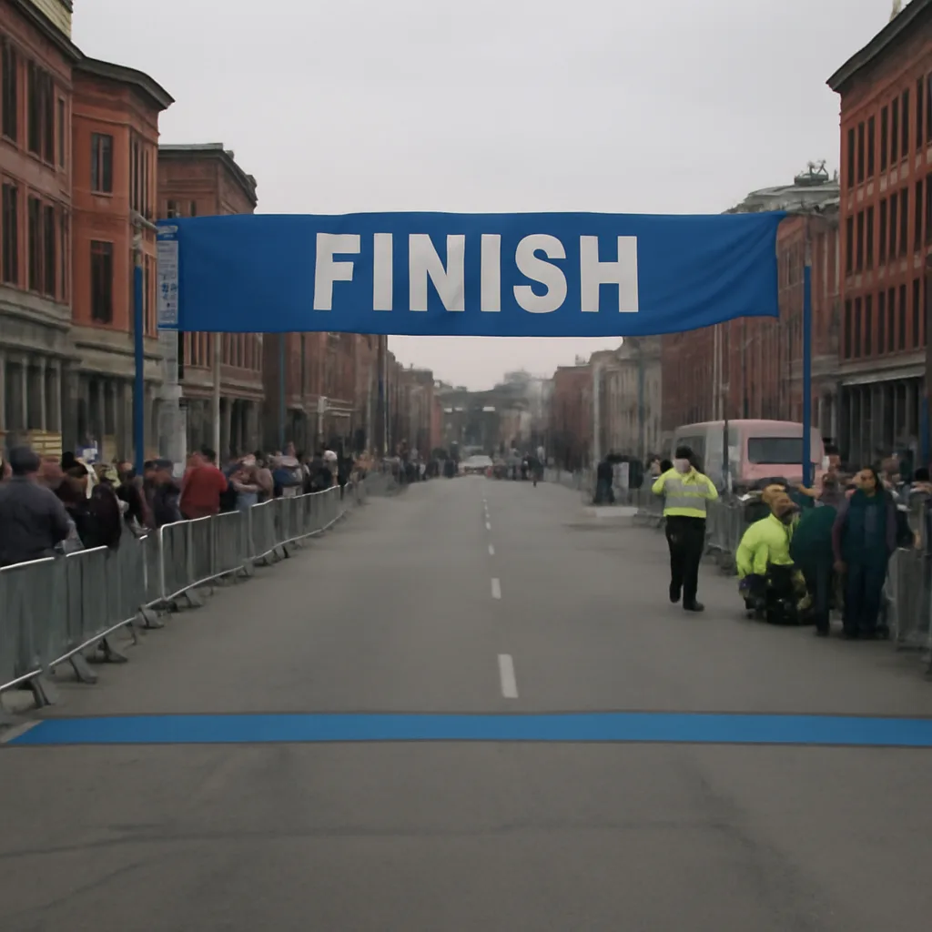 Finish-line area of a city marathon street with emergency responders and crowd-control barriers, empty lanes near the finish line and ambulances in the distance.
