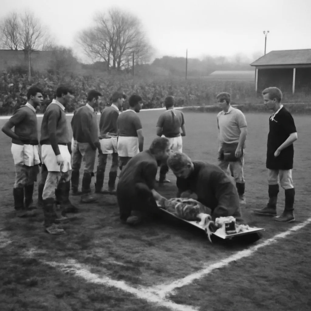 Winter-era football match at a lower-league English ground in the 1960s, muddy pitch, players in period kit, a stretcher at the touchline attended by club and medical staff.