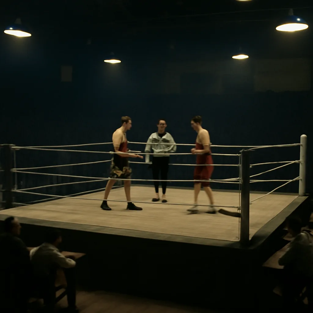 Boxing ring from the 1980s showing two fighters and a referee under arena lights, with one corner’s medical staff at ringside.