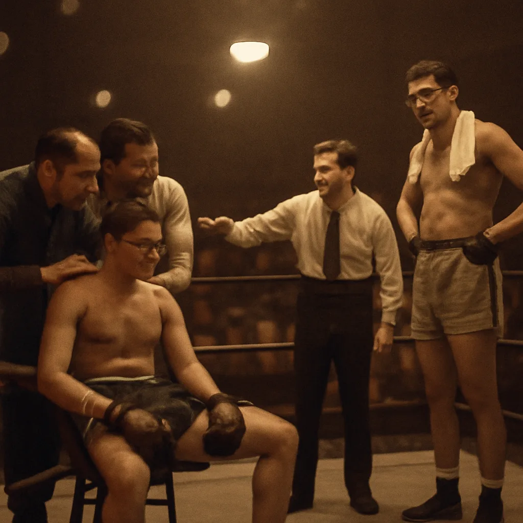 Mid-1950s boxing ring scene showing two corners at ringside and an empty center with one fighter seated on his corner stool while the opponent stands in the opposite corner; officials and a referee nearby.