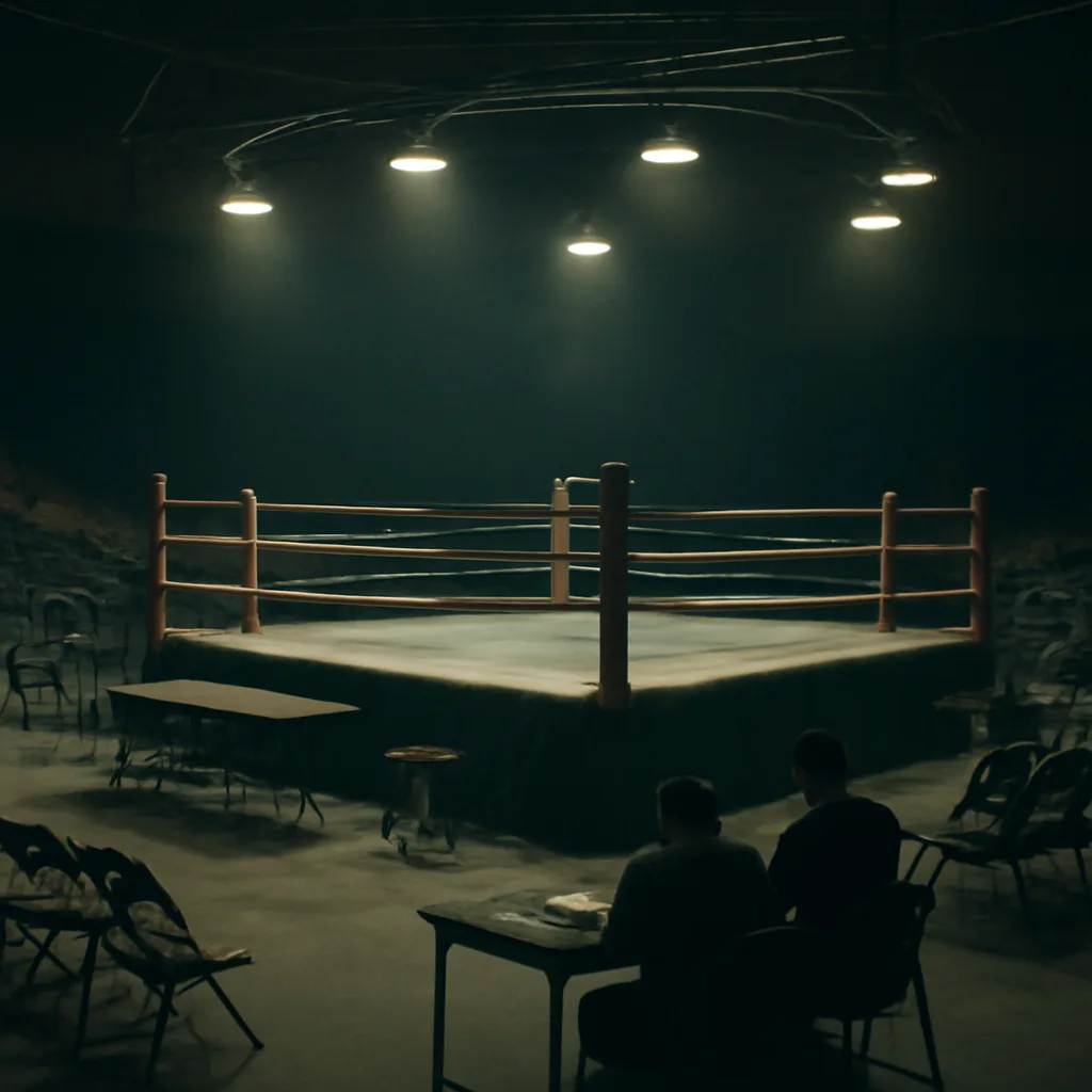 Boxing ring at night with empty seats and a single stretcher at ringside, conveying a somber post-fight scene.