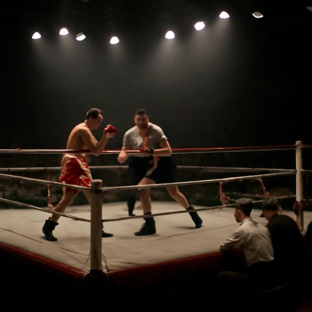 Boxing ring during a professional match in 1990-era arena, with referee and medical staff at ringside; overhead lights and crowd in background.