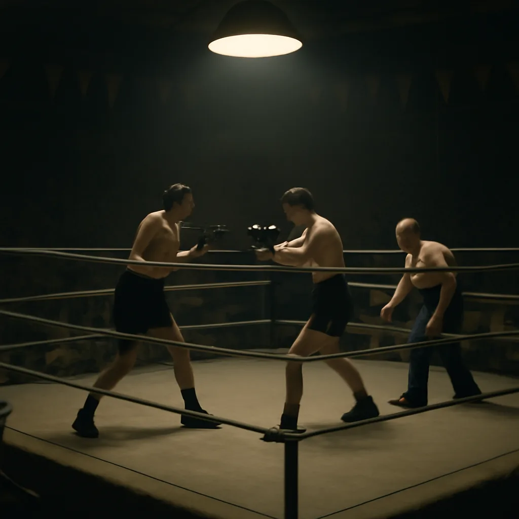 1950s boxing ring scene: two gloved fighters in mid-fight, referee at close distance, corner men and audience visible in period dress.
