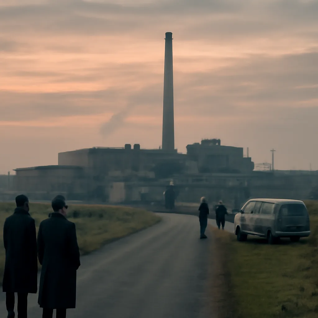A 1950s coastal industrial complex with smoky stacks and low, functional buildings; emergency vehicles and small groups of people in mid-20th-century clothing at a distance from reactor buildings.