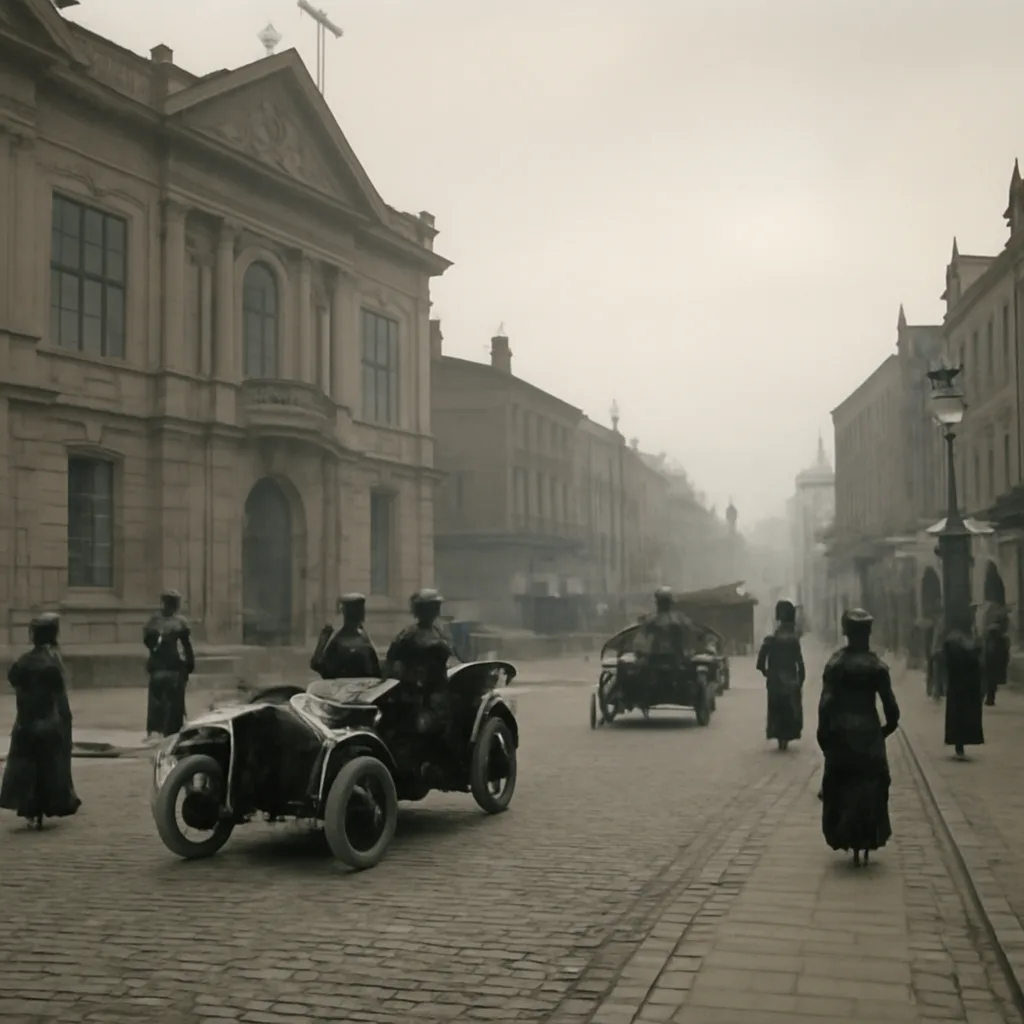 Turn-of-the-century street with early motorcars, horse-drawn vehicles, and pedestrians beside cobbled road and gas lamps.