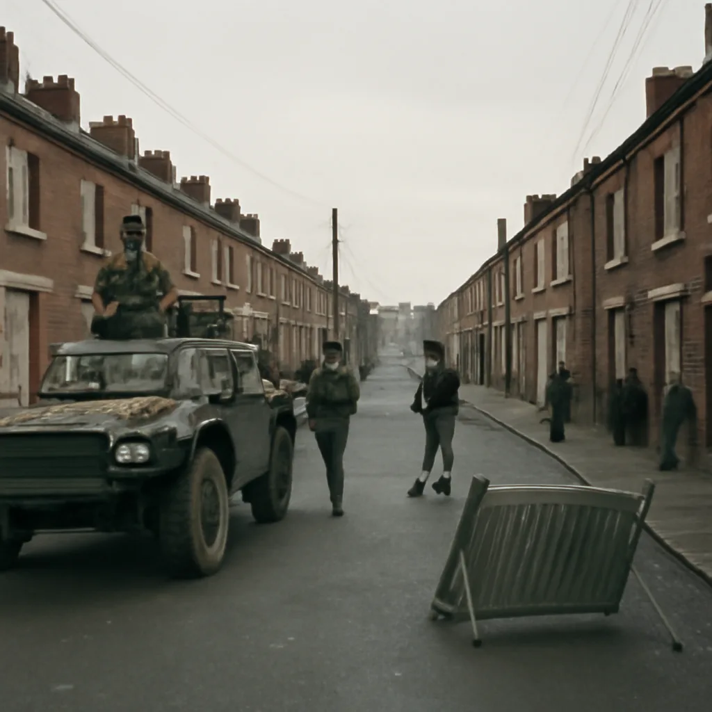 Armored military vehicle and uniformed soldiers conducting a street search in a Northern Ireland urban working-class neighbourhood, houses with brick or terraced facades, residents observing from doorways; winter overcast light.