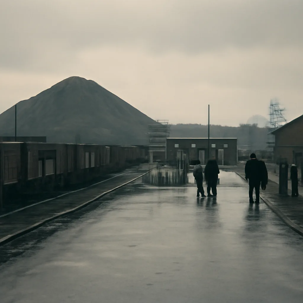 Picketers and empty coal wagons beside a colliery tip and inactive industrial landscape in 1980s Britain, with overcast sky and mining community buildings visible.