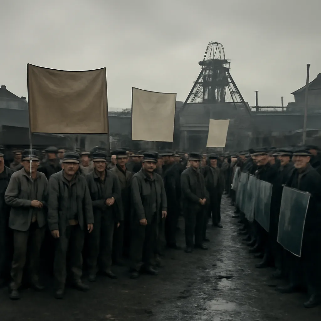 Striking miners picketing outside a British coal pit in 1984, police lines and banners visible, wet cold weather, crowds and coal wagons in the background.