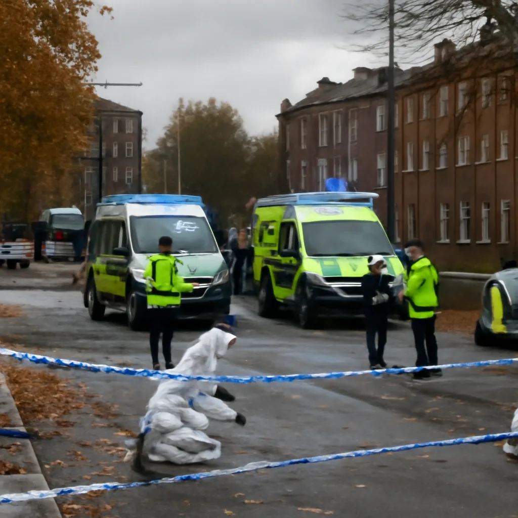 Police cordon and forensic officers at a cordoned-off urban scene with emergency vehicles and road closures following a bombing.