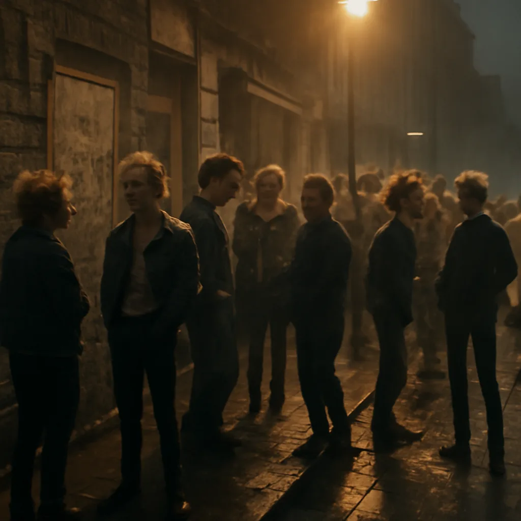 Crowded late-1970s London club exterior at night with young people in punk-influenced clothing — DIY jackets, safety pins, distinctive hairstyles — gathered under streetlamps and shopfronts.