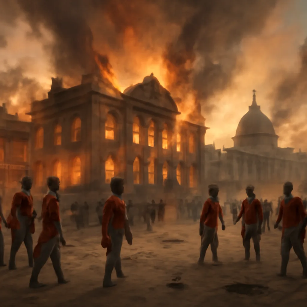 British soldiers setting fire to the exterior of the President’s House and nearby government buildings in Washington, D.C., during the August 1814 occupation; smoke and flames rise as troops move through a largely deserted street.