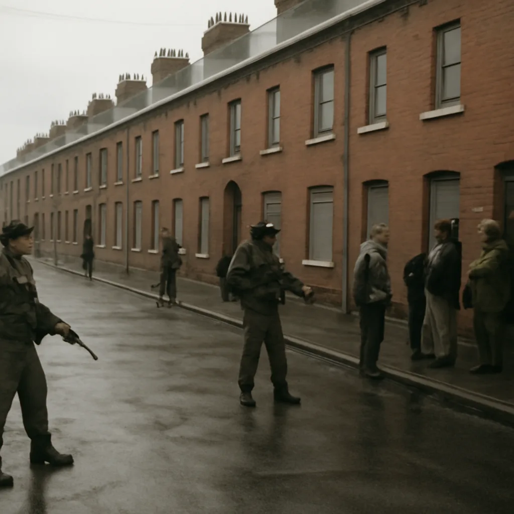 British soldiers conducting a street search in a Belfast nationalist neighbourhood in 1970s-era clothing and gear, with shuttered terraced houses and residents watching from doorsteps.