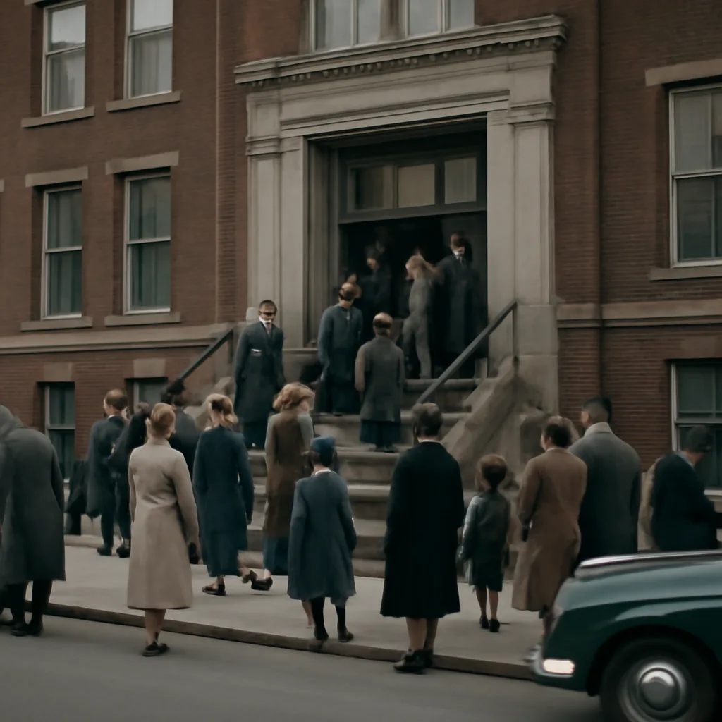 Children and parents outside a mid-20th-century public school building during the era of school segregation, showing a school entrance, period clothing, and signage indicating a public school.