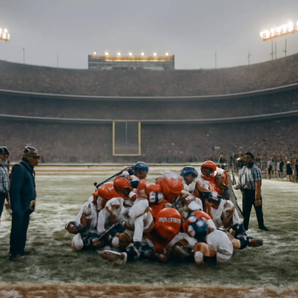 Late-1980s AFC Championship scene at Mile High Stadium showing a pileup near the goal line with players reaching for a loose ball; snow-dusted field and packed stands visible.