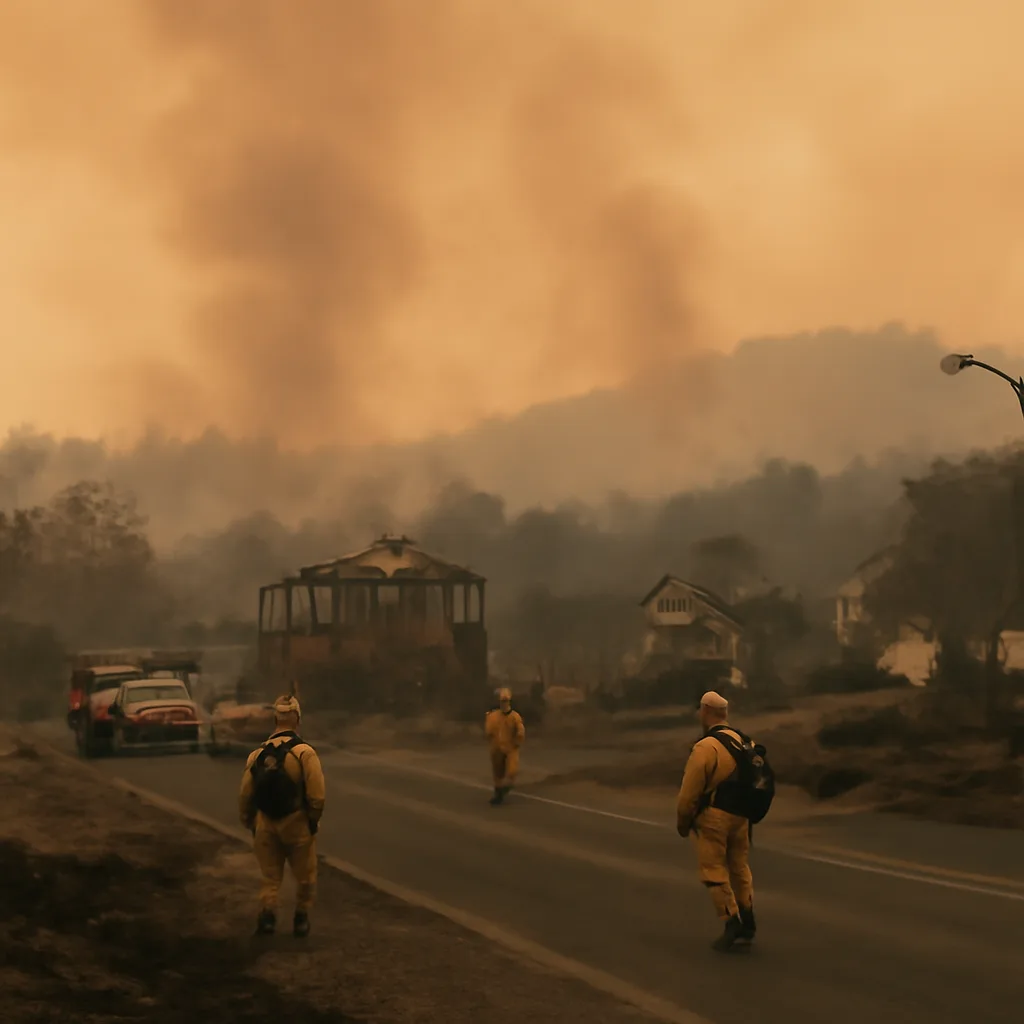Firefighters and smoke-filled skies over rural Northern California with burned structures and evacuated streets following late July 2018 wildfires.