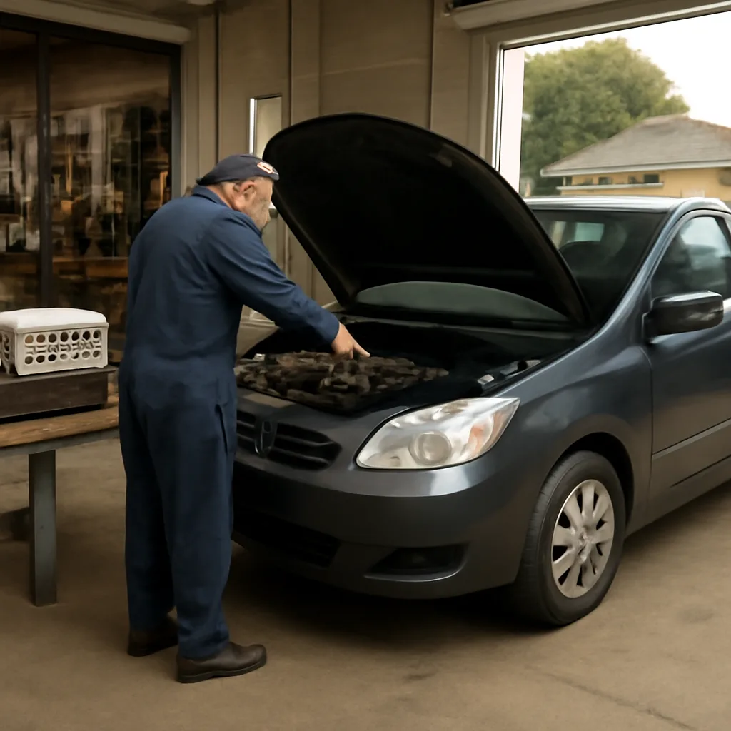 Mechanic opening a car hood at a service garage, view into engine compartment with a small blanket nearby; workshop setting with tools and a tow truck in background.