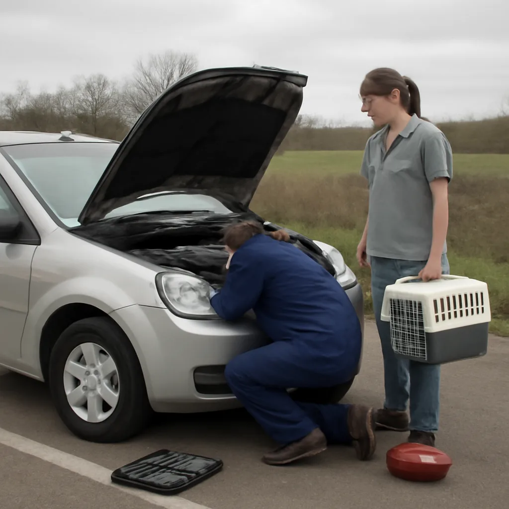 A car with its hood open at the side of a rural road; a mechanic kneels inspecting the engine bay while a veterinarian prepares a carrier nearby.