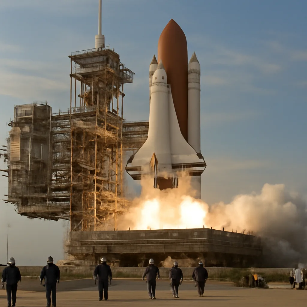 Space Shuttle Challenger on the launch pad at Kennedy Space Center moments before liftoff on January 28, 1986, with service structures and clouds in the sky.