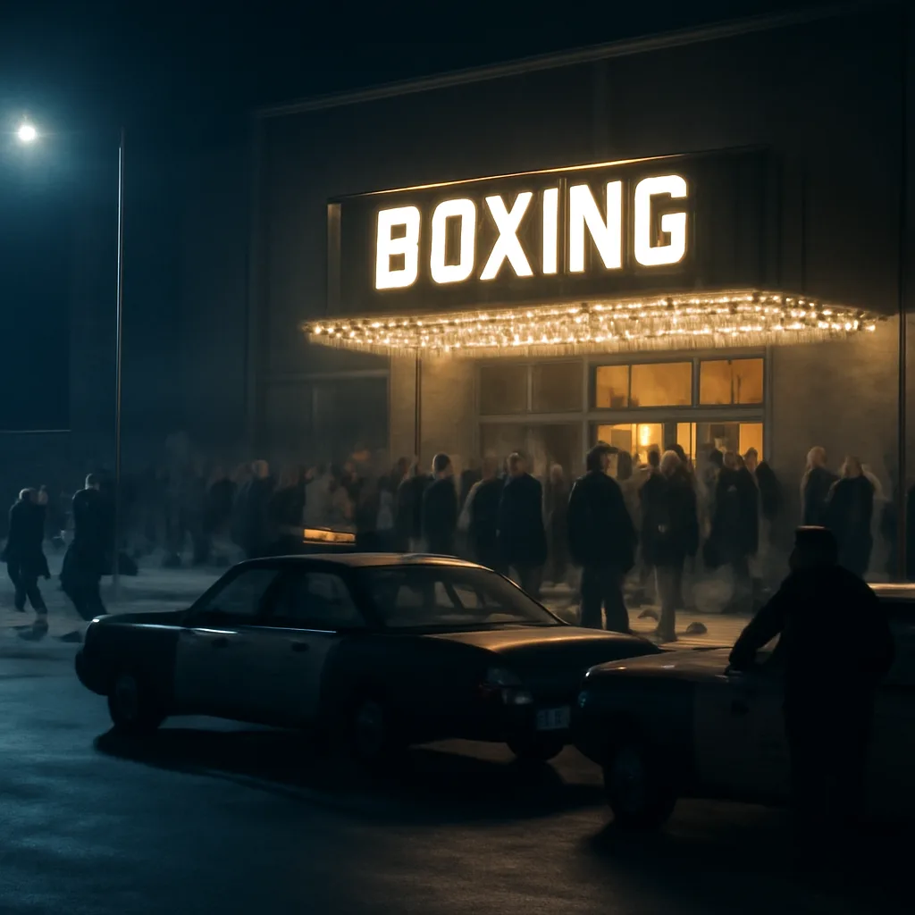 Historic indoor boxing arena at night with ring and crowd exiting; police cars parked outside the venue.