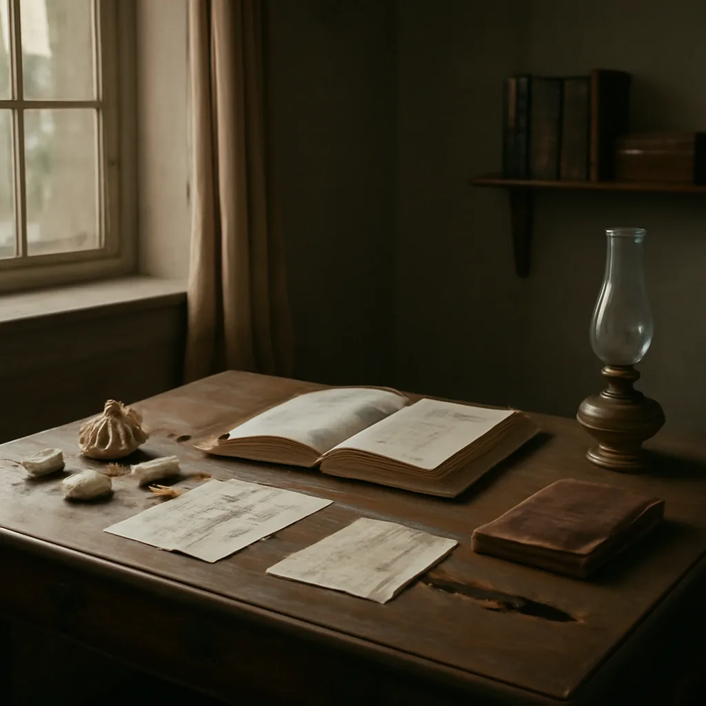 Mid-19th-century study table with an open copy of On the Origin of Species, natural specimens (shells, pressed plants), notebooks, and a quill pen under soft daylight.