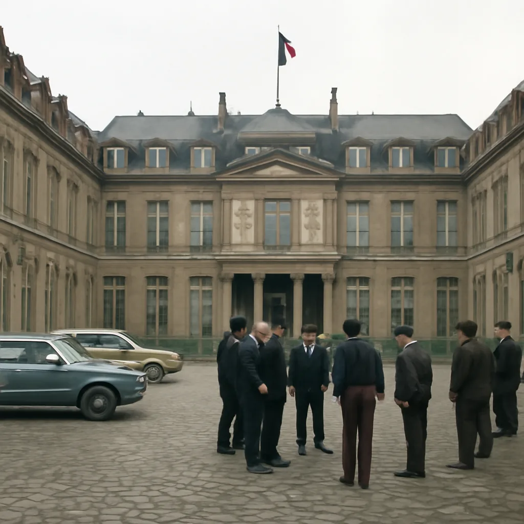 Charles de Gaulle-era scene outside the Élysée Palace: aides and officials on a paved courtyard with period cars and 1960s French civilian and military attire, November 1960s atmosphere.
