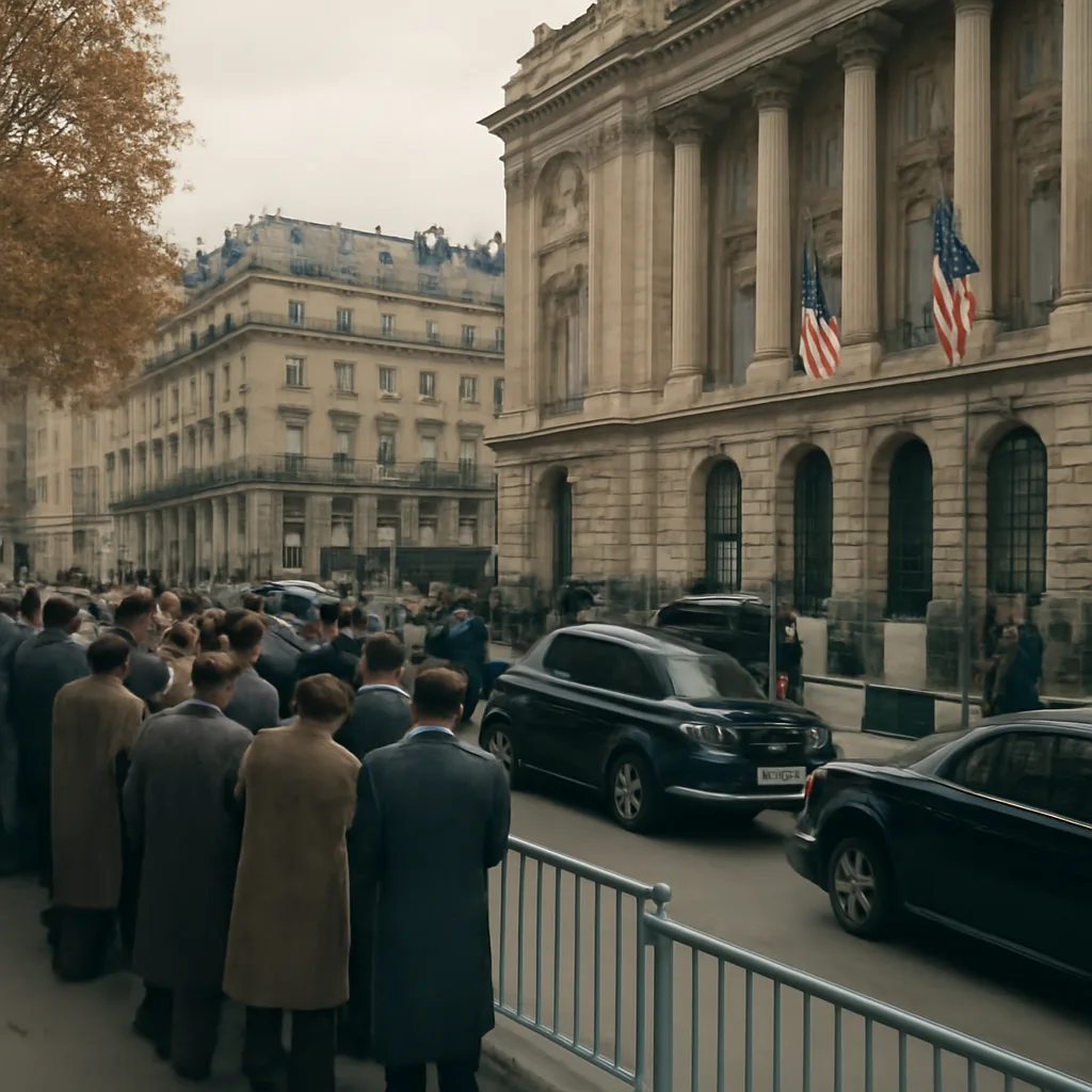 Crowd and officials outside a mid-20th-century French government building with banners and vehicles appropriate to the late 1950s, evoking a formal political event in Paris.