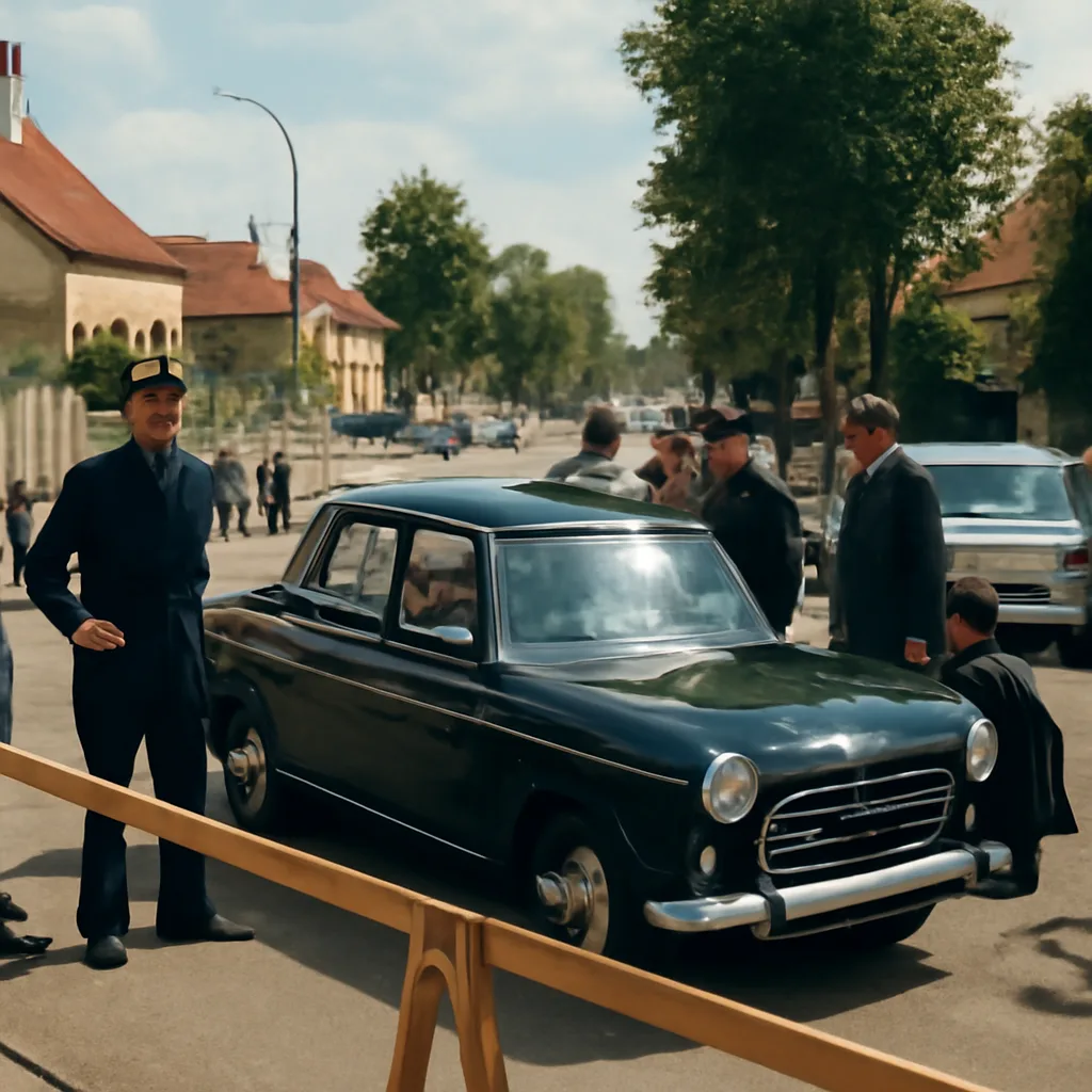 A damaged presidential car with bullet holes parked on a tree-lined road near Petit-Clamart, 1962; police and investigators stand nearby examining the scene.