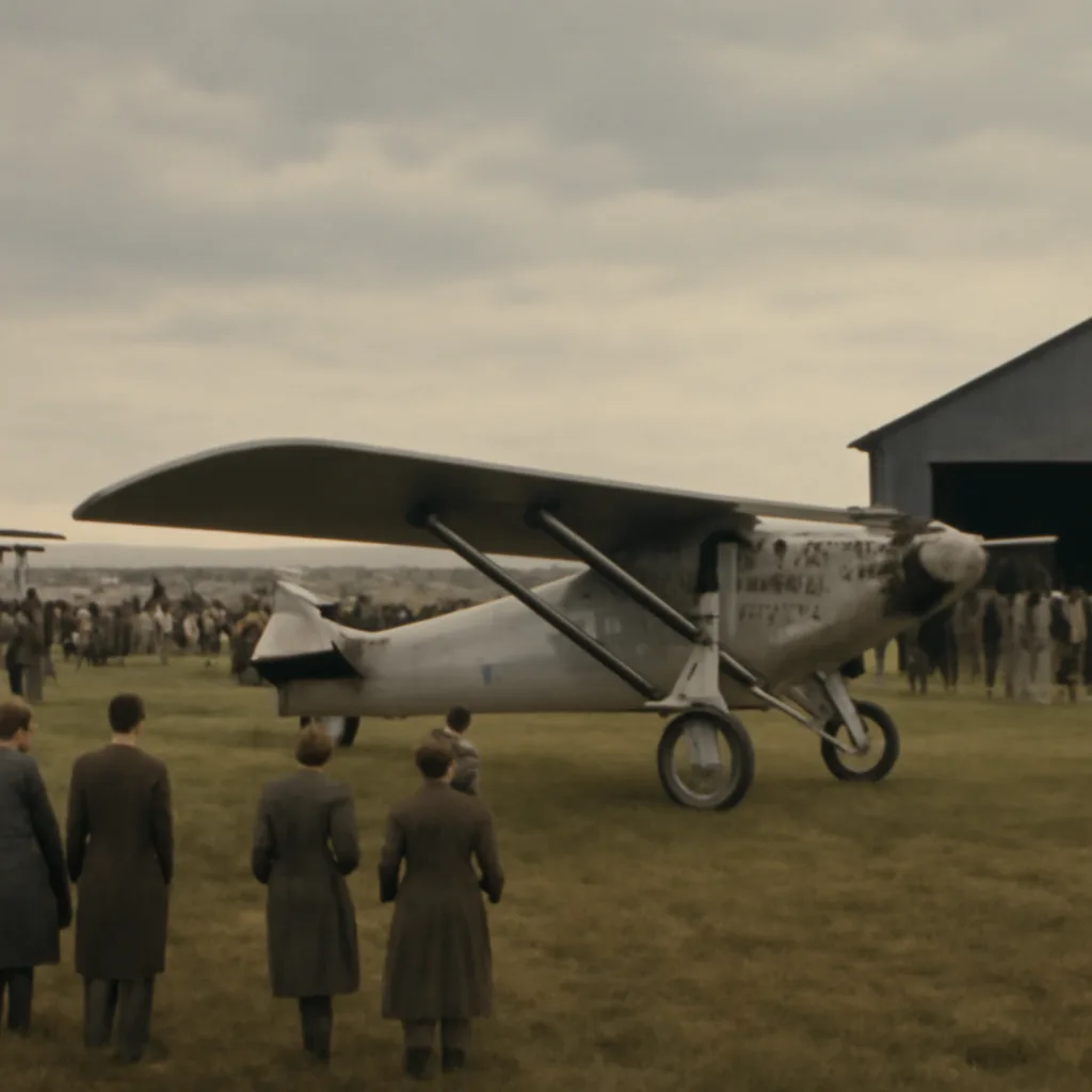 The single-seat Ryan NYP monoplane Spirit of St. Louis on the ground at Le Bourget Field, with hangars and early 20th-century automobiles nearby and a crowd gathered at a distance.