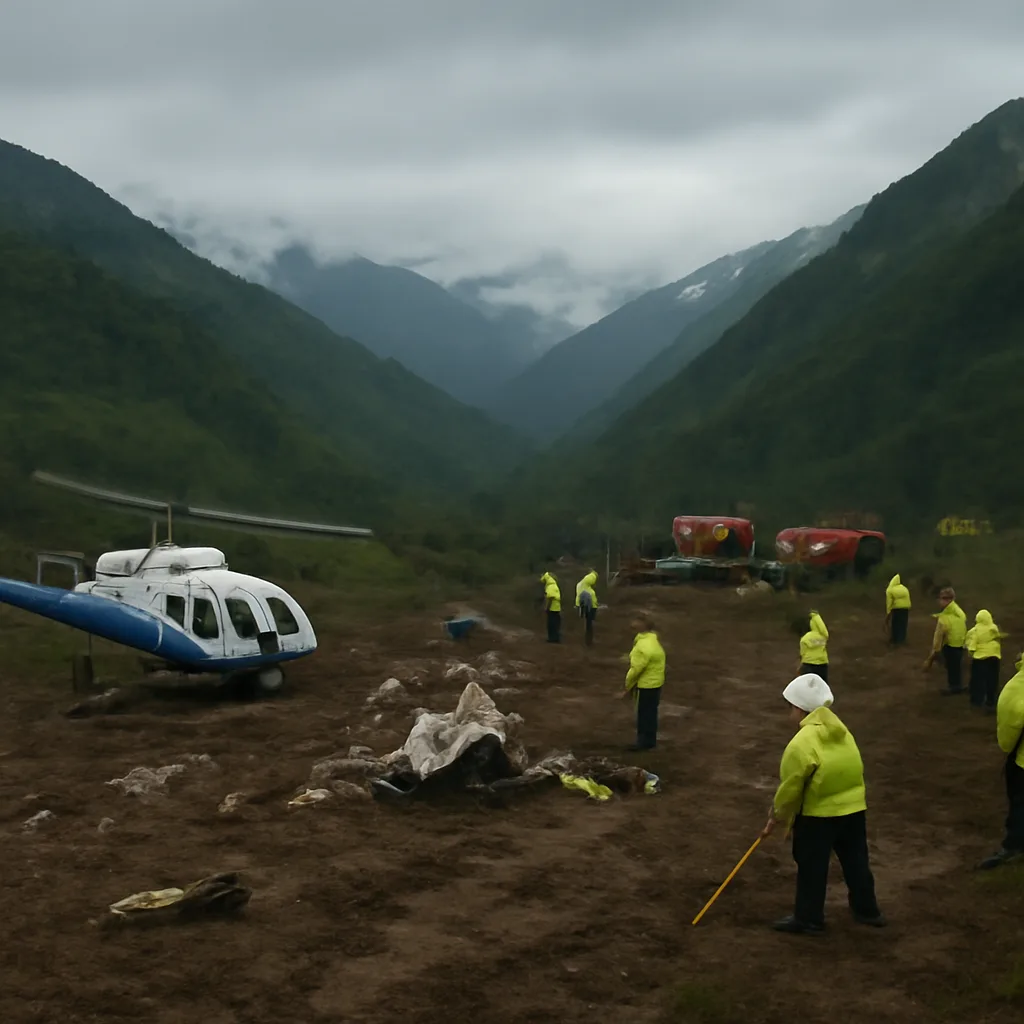 Wreckage site on a hillside near La Unión, Colombia, with emergency personnel and responders at the scene during daylight; smoky, mountainous terrain and rescue vehicles visible.