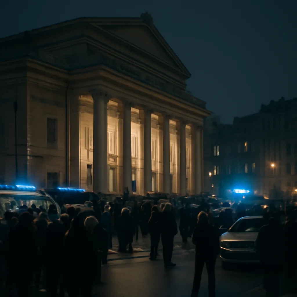 Exterior view of the Dubrovka Theatre area at night with police cordons and emergency vehicles; crowd of people gathered outside under streetlights.
