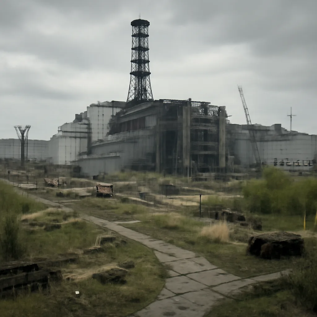 The damaged Chernobyl Unit 4 and its sarcophagus under a cloudy sky, with abandoned industrial buildings and overgrown vegetation in the foreground, circa late 1980s–1990s.