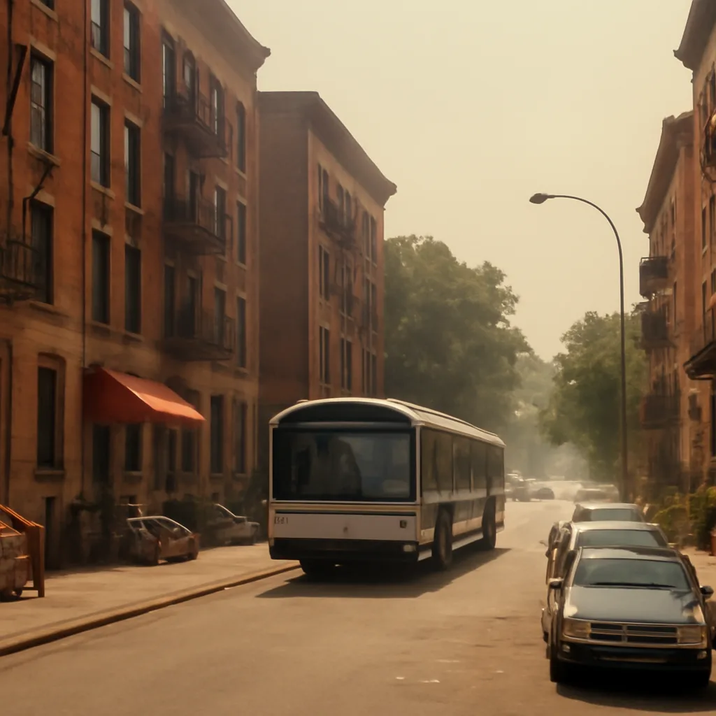 A crowded Chicago neighborhood street in summer 1995 with apartment buildings, shaded stoops, and people seeking shade; scene conveys heat and urban environment without identifiable faces.
