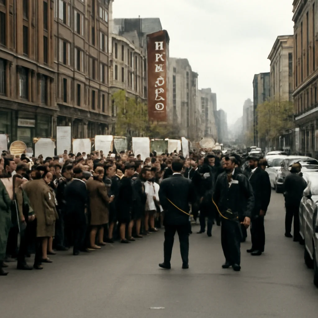 Crowd of anti–Vietnam War demonstrators and Chicago police officers confronting each other on a downtown street in October 1967, with police lines, banners, and bystanders; 1960s urban clothing and vehicles visible.