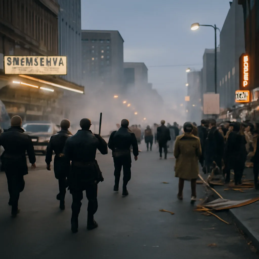 Crowded street in 1968 Chicago with uniformed police officers in helmets and demonstrators holding signs; police using batons and pushing into a crowd near convention venues, with smoke or tear gas visible in the background.
