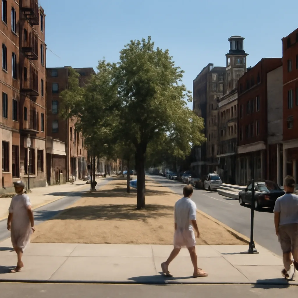 A wide street in mid-1990s Chicago on a hot summer day: sunlit mid-rise apartment buildings, shaded storefronts, sparse pedestrian activity, and an open park with wilted grass under a clear sky.