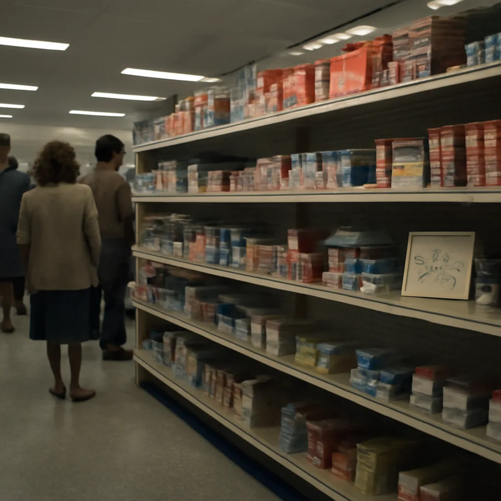 1980s grocery store pharmacy aisle with shelves of over-the-counter medicine bottles and boxed medications, empty spot where product recall notices might be placed; shoppers and store signage in period-appropriate clothing and style.