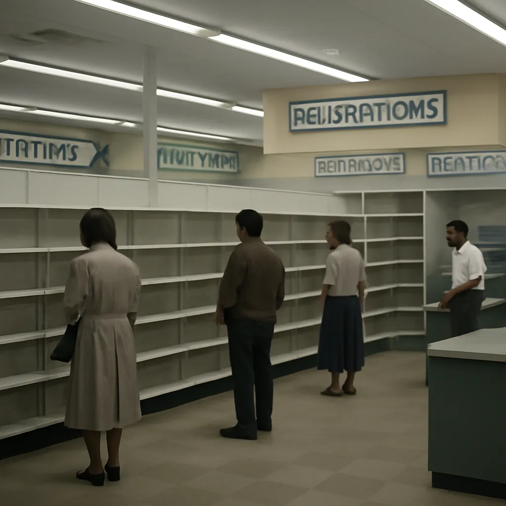 Shelves in a 1980s-era pharmacy with empty spaces where Tylenol bottles once sat, brown glass pill bottles and cardboard packaging visible, shoppers and clerks in period clothing.