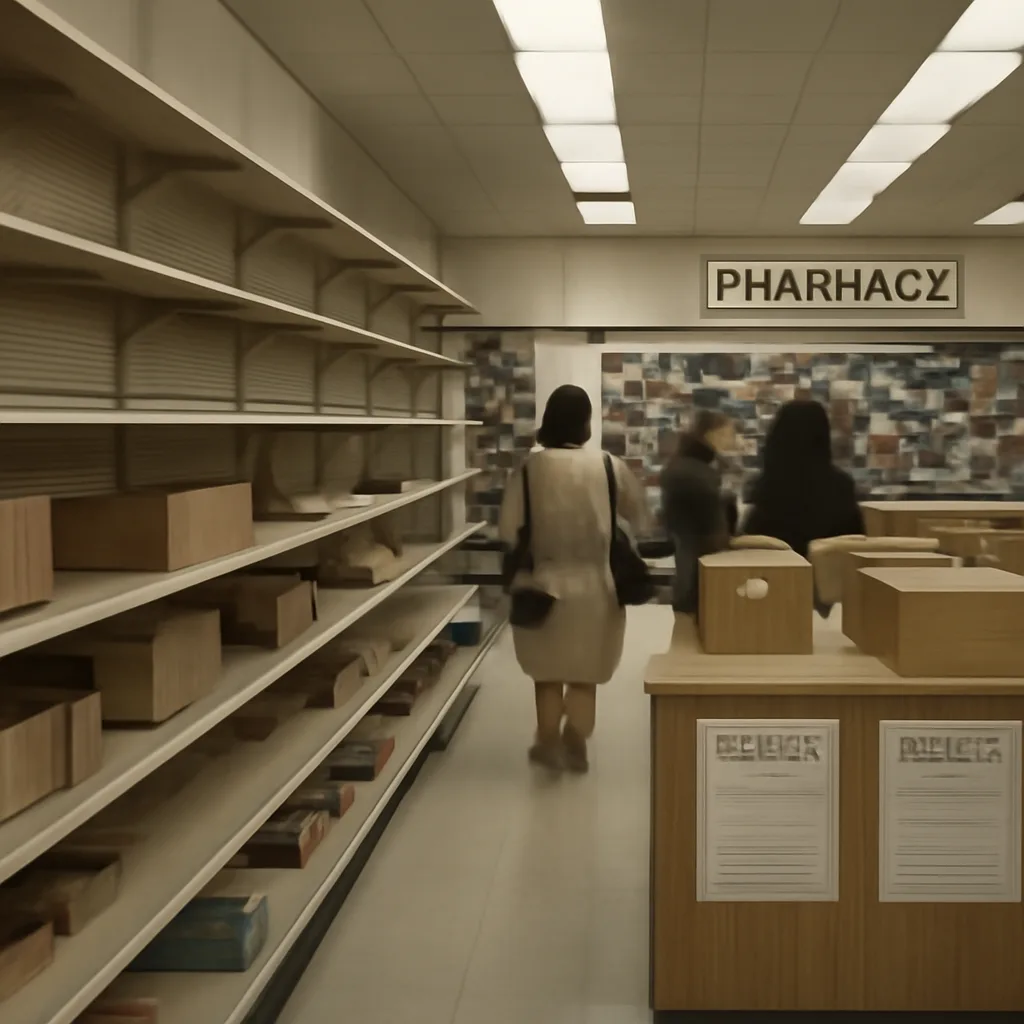Pharmacy shelf from the early 1980s with removed or empty Tylenol capsule boxes and an official recall notice on the counter, viewed from aisle level; no identifiable faces.