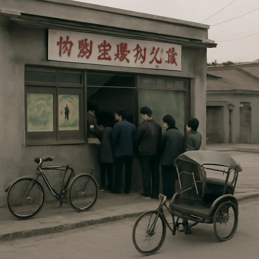 Urban community family-planning office in China in the early 1980s: modest government building with posters about birth planning visible inside a window; people queueing at a service counter; period clothing and utilitarian bicycles parked outside.