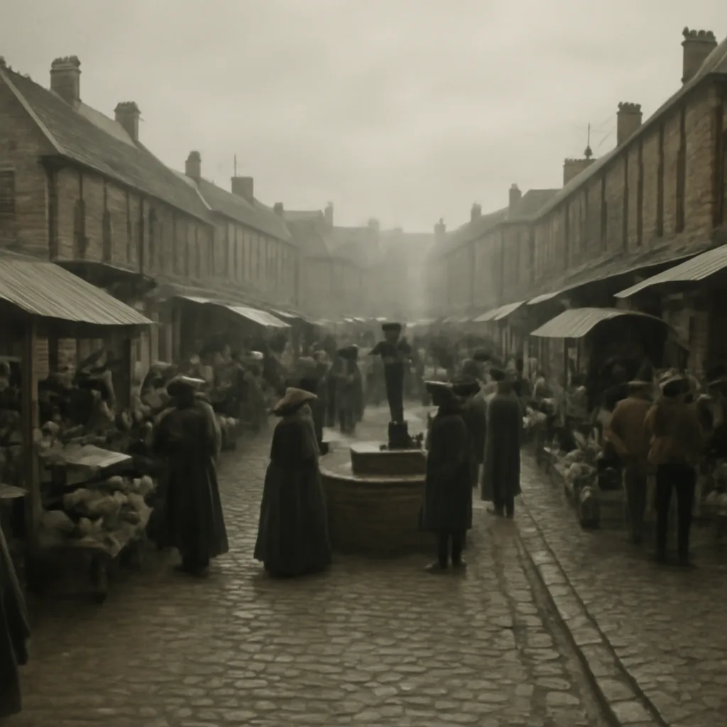 A late 19th-century urban street scene near a market and communal water pump, with covered wagons and people in period clothing; signs of crowded housing and open gutters suggest sanitary problems.