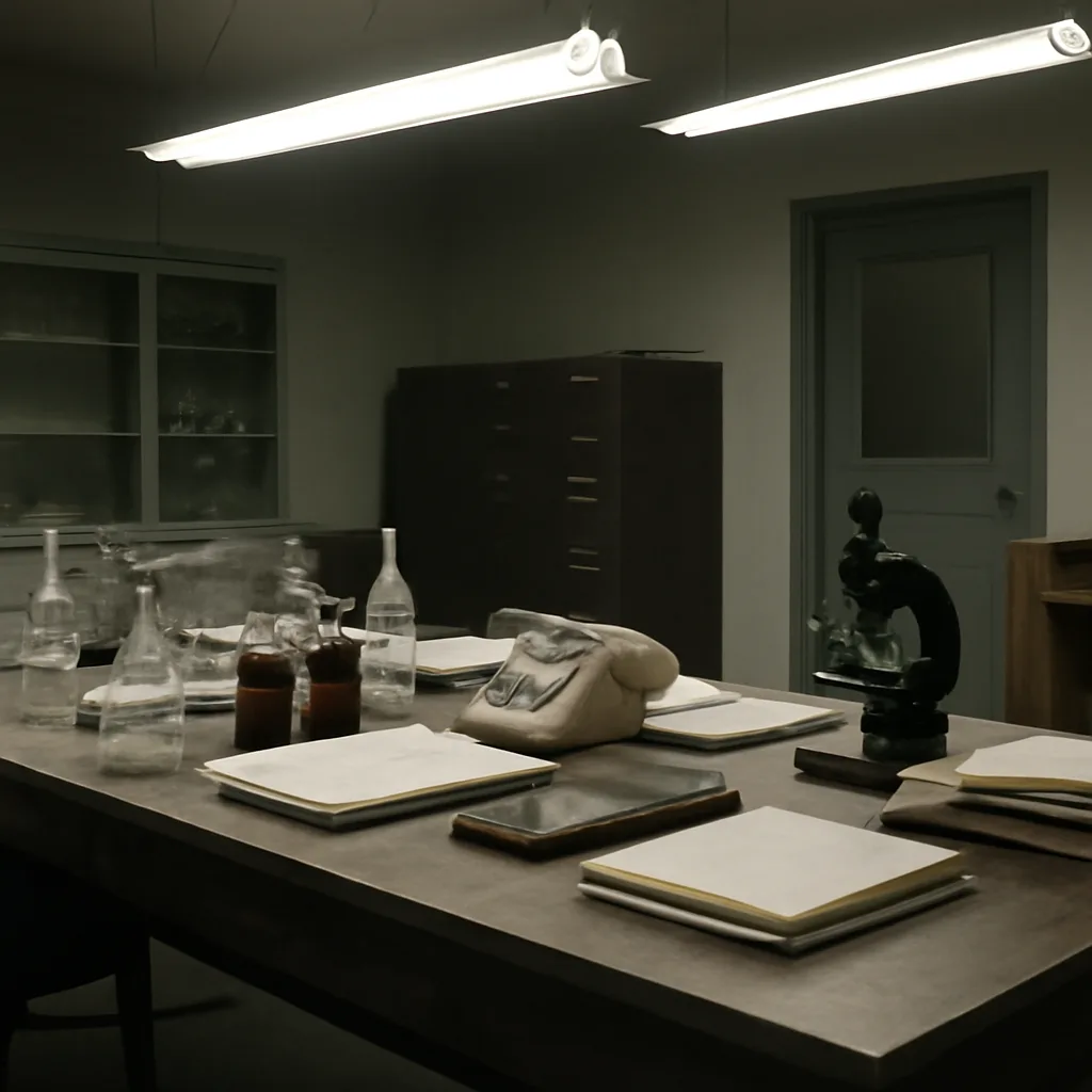 Archive-style interior of a mid-20th-century laboratory with glassware, labeled reagent bottles, folders and a typewritten file marked 'Research', viewed from a distance; no identifiable faces.
