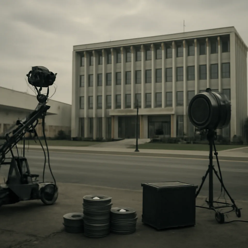 Archive-style view of a mid-20th-century film studio exterior with production equipment and a government office building visible across the street.