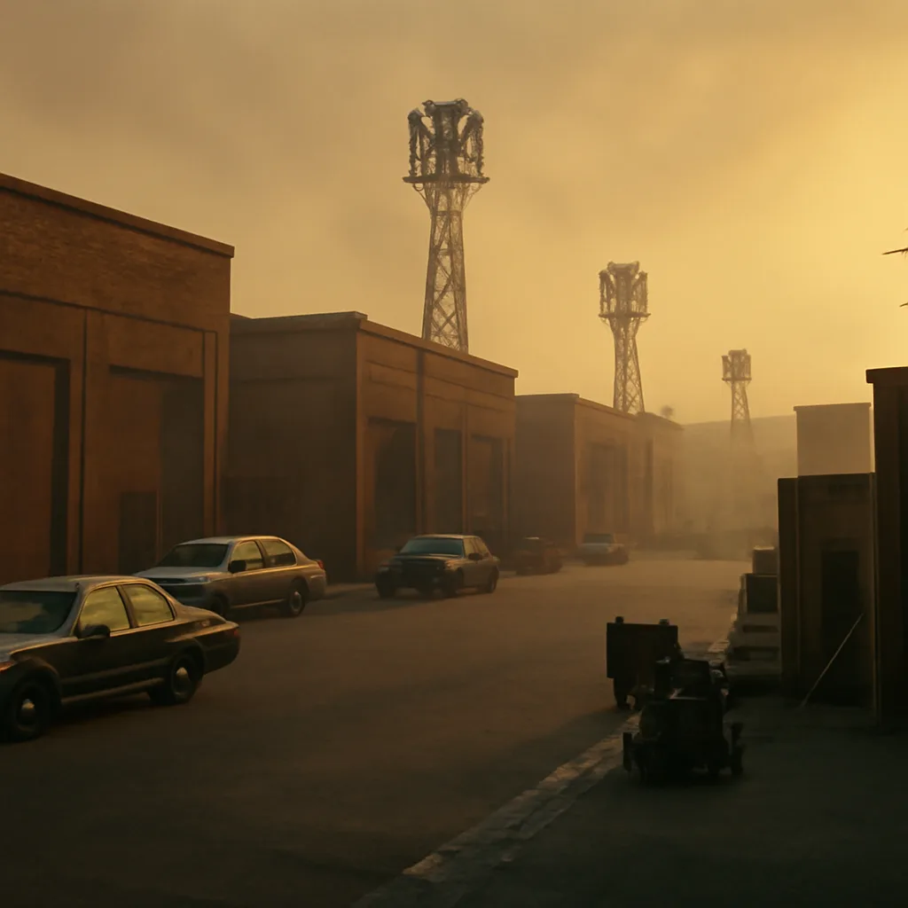 A 1970s-era film studio lot at dusk with sound stages and classic studio props, empty streets and period automobiles parked, conveying the era when intelligence interest in entertainers increased.