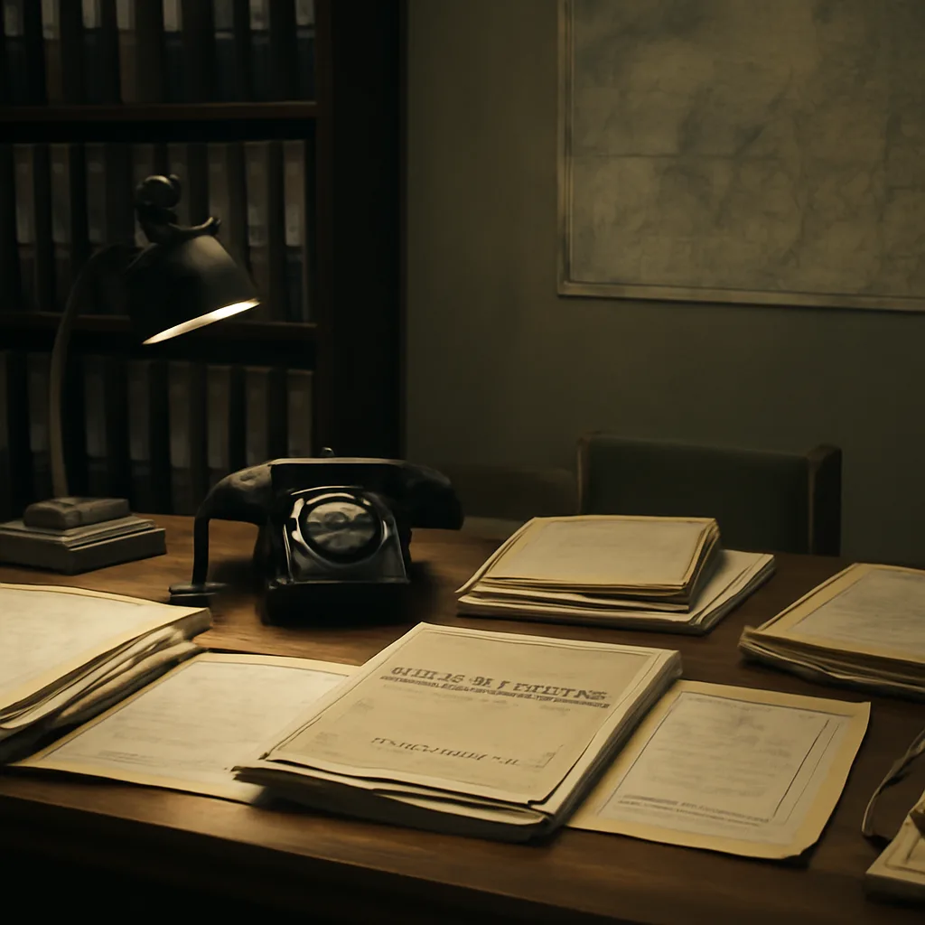 An archival-style office scene with documents, a rotary telephone, and stacks of files on a wooden desk in an early 1990s government workspace; no identifiable faces.